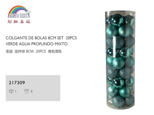 [217309] Colgante de bolas de Navidad 8cm set 20pcs verde agua para decoración navideña