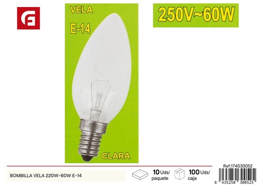 [174030052] Bombilla vela 220W-60W E-14 para iluminación del hogar