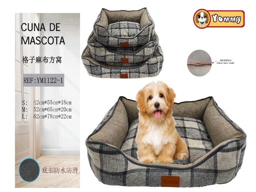 [YM1122-3] Cuna de perro de tela de cuadros 3 piezas gris - Cama para mascotas 