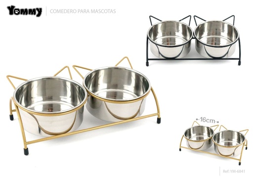 [YM6841] Comedero doble de acero con soporte 16 cm - Accesorios para mascotas