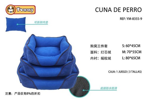 [YM8355-9] Cuna de perro azul de 3 piezas de pana y forro polar