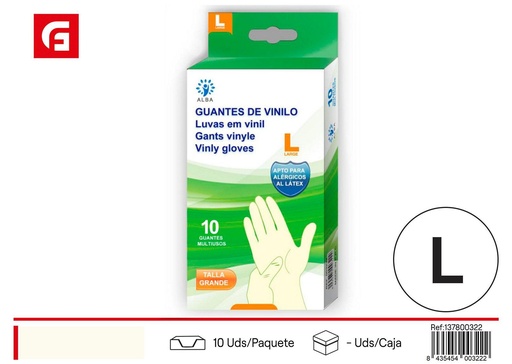 [137800322] Guante de examen de vinilo L sin polvo (10 unidades) - Guantes para limpieza