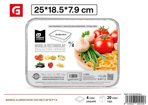 [141820044] Bandeja de aluminio con tapa rectangular 25x18.5x7.9cm para alimentos y almacenamiento