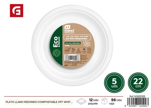 [141822102] Plato llano redondo compostable off white 22 cm - Utensilios desechables
