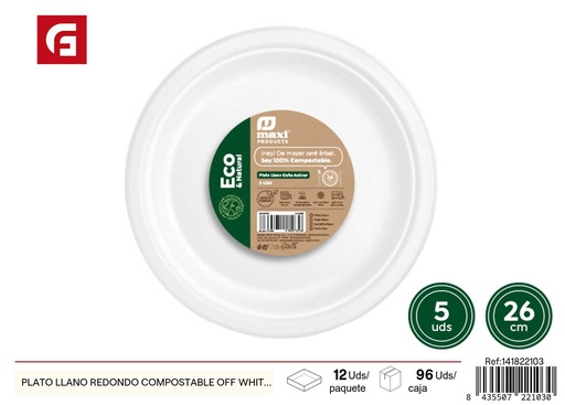 [141822103] Plato llano redondo compostable color off white 26cm para fiestas y eventos