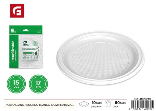 [141822249] Plato llano redondo blanco 17cm reutilizable para fiestas y eventos