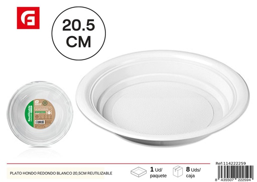 [114222259] Plato hondo redondo blanco reutilizable Ø20.5 cm - Artículos desechables
