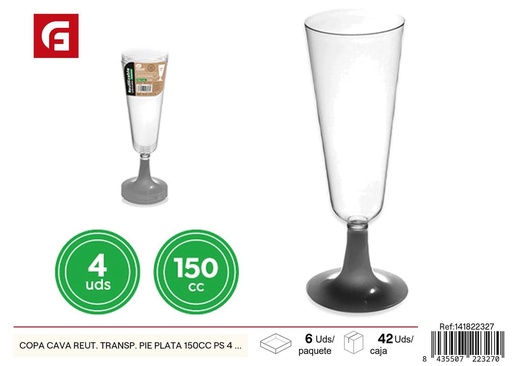 [141822327] Copa de cava reutilizable transparente con pie plateado 150cc 4 unidades