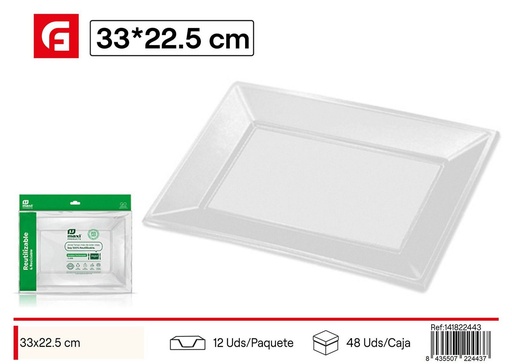 [141822443] Bandeja rectangular blanca 33x22.5cm reutilizable 3 unidades para fiestas y eventos