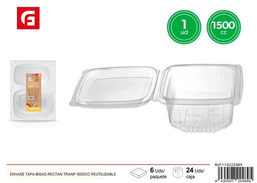 [114222489] Envase rectangular transparente con tapa bisagra 1500cc reutilizable