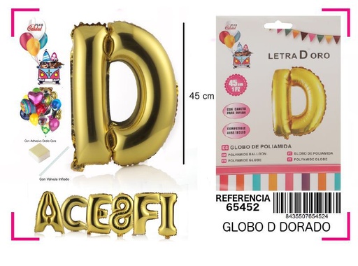 [65452] Globo Mylar letra D oro 45cm para fiestas y celebraciones