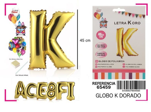 [65459] Globo Mylar letra K oro 45cm para fiestas y aniversarios