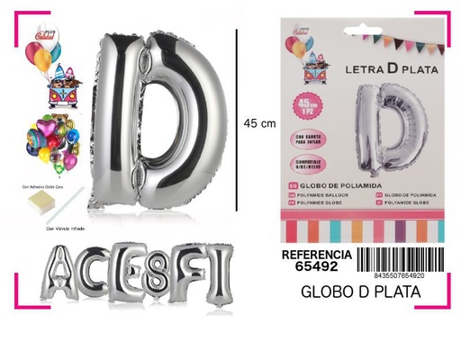 [65492] Globo mylar letra D plata 45cm para fiestas y eventos