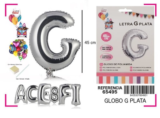 [65495] Globo Mylar letra G plata 45cm para decoraciones de fiesta