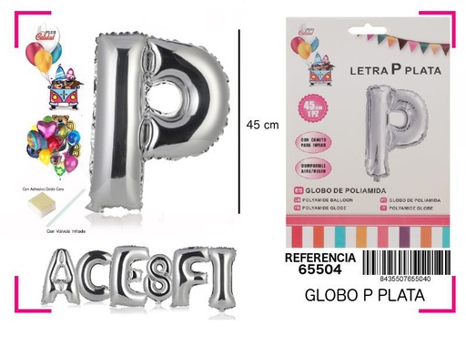 [65504] Globo Mylar letra P plata 45cm para decoraciones de fiesta