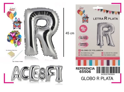 [65506] Globo Mylar letra R plata 45cm para fiestas y cumpleaños