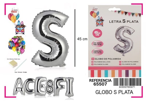 [65507] Globo de mylar letra "S" plata 45cm para fiestas y decoraciones