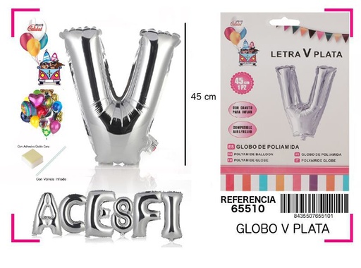 [65510] Globo mylar letra V plata 45cm para decoraciones de fiesta