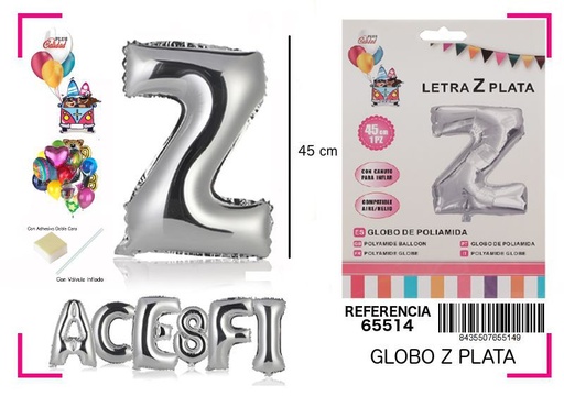 [65514] Globo de mylar letra Z plata 45cm para decoración de fiestas