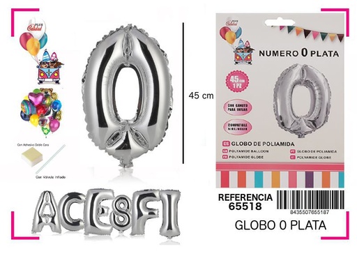 [65518] Globo mylar número 0 plata 45cm para fiestas