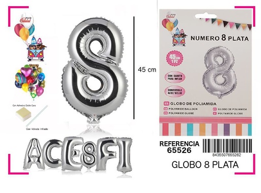 [65526] Globo mylar número 8 plata 45cm para fiestas