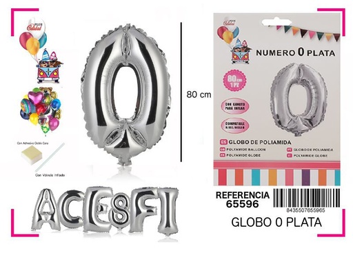 [65596] Globo mylar número 0 plata 80cm para fiestas