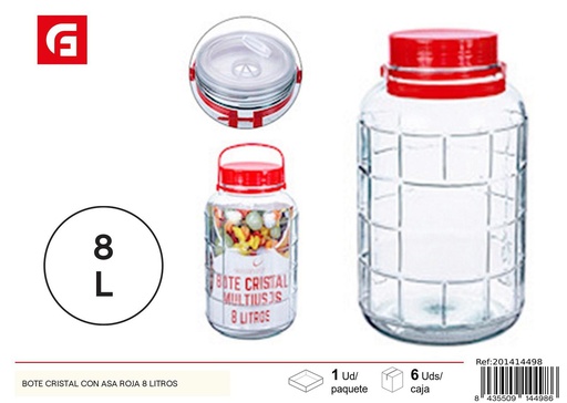 [201414498] Bote de cristal con asa roja 8 litros - Artículos de cocina