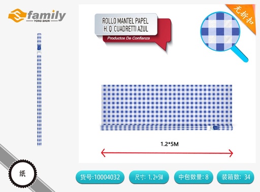 [10004032] Rollo de mantel de papel azul a cuadros 1.2mx5m