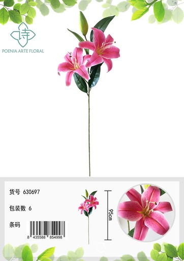 [630697-玫红] Vara flor larga 3D con 3 cabezas de lirio para decoración