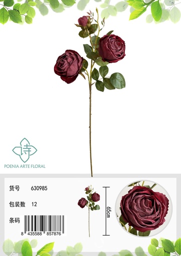 [630985红色] Rosa reina vintage de 3 cabezas 63cm para decoración del hogar