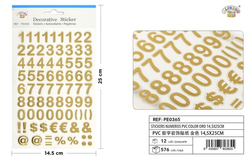 [PE0365] Pegatinas números y letras PVC color oro 14.5x25cm para manualidades