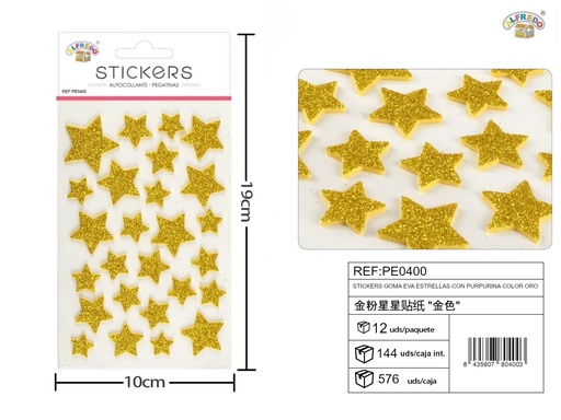 [PE0400] Pegatina de goma EVA estrellas con purpurina color oro 10x19 cm - Decoraciones navideñas