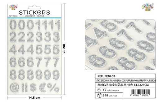 [PE0453] Stickers goma EVA números purpurina color plata 14,5X25CM - Pegatinas