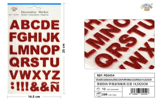 [PE0454] Stickers de EVA letras purpurina rojo 14.5x25cm para manualidades