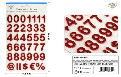 [PE0455] Stickers goma EVA números purpurina color rojo 14,5X25CM - Pegatinas