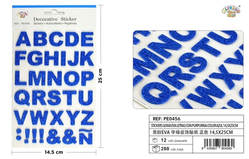 [PE0456] Stickers goma EVA letras purpurina color azul 14,5X25CM - Pegatinas