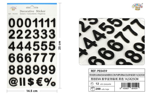 [PE0459] Stickers de goma EVA números purpurina color negro 14.5x25cm para manualidades