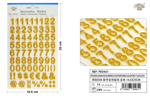 [PE0461] Stickers de goma EVA números purpurina color oro 14,5x25cm para manualidades y decoración