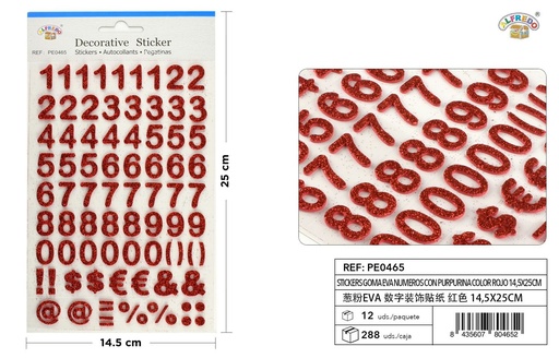 [PE0465] Stickers goma EVA números purpurina color rojo 14,5X25CM - Pegatinas