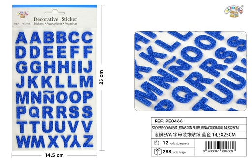 [PE0466] Stickers de goma EVA letras purpurina color azul 14.5x25cm para manualidades