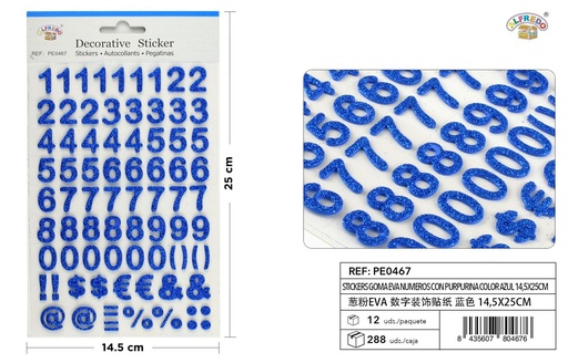 [PE0467] Stickers goma EVA números purpurina color azul 14,5X25CM - Pegatinas