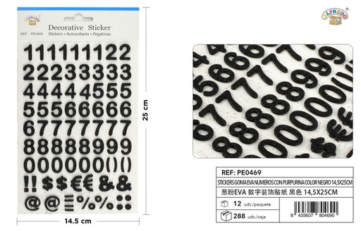 [PE0469] Stickers goma EVA números purpurina color negro 14.5x25cm manualidades