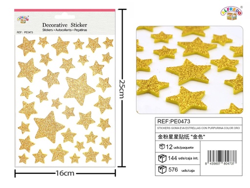 [PE0473] Stickers de goma EVA en forma de estrellas con purpurina dorada (16x25 cm) - Artículos de decoración 