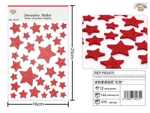 [PE0475] Stickers goma EVA estrellas purpurina color rojo 16x25cm para manualidades y decoraciones