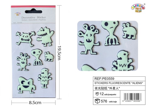 [PE0559] Stickers fluorescente "aliens" 8.5x19.5 cm - Pegatinas luminosas infantiles
