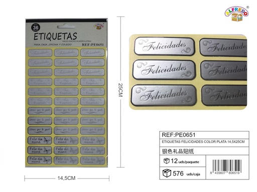 [PE0651] Etiquetas "Felicidades" color plata 14.5x25 cm - Materiales de regalo