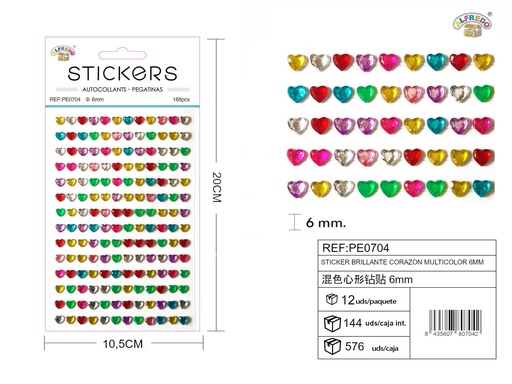 [PE0704] Sticker brillante "Corazón" color surtido 6mm-168pcs 10,5X20 cm - Pegatinas decorativas