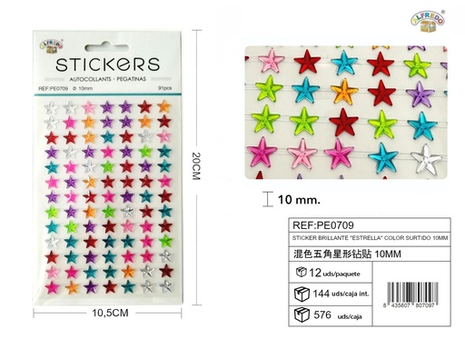 [PE0709] Sticker brillante "Estrella" color surtido 10mm-91pcs 10,5X20 cm - Pegatinas decorativas