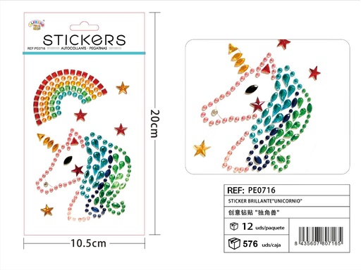 [PE0716] Sticker Brillante "Unicornio" 10.5x20 cm - Pegatinas de diamantes y perlas
