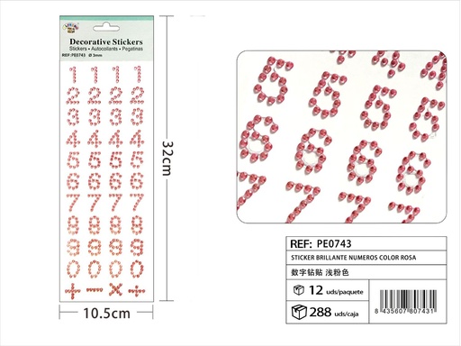 [PE0743] Stickers brillantes números color rosa 3mm 10.5x32cm para manualidades y decoración